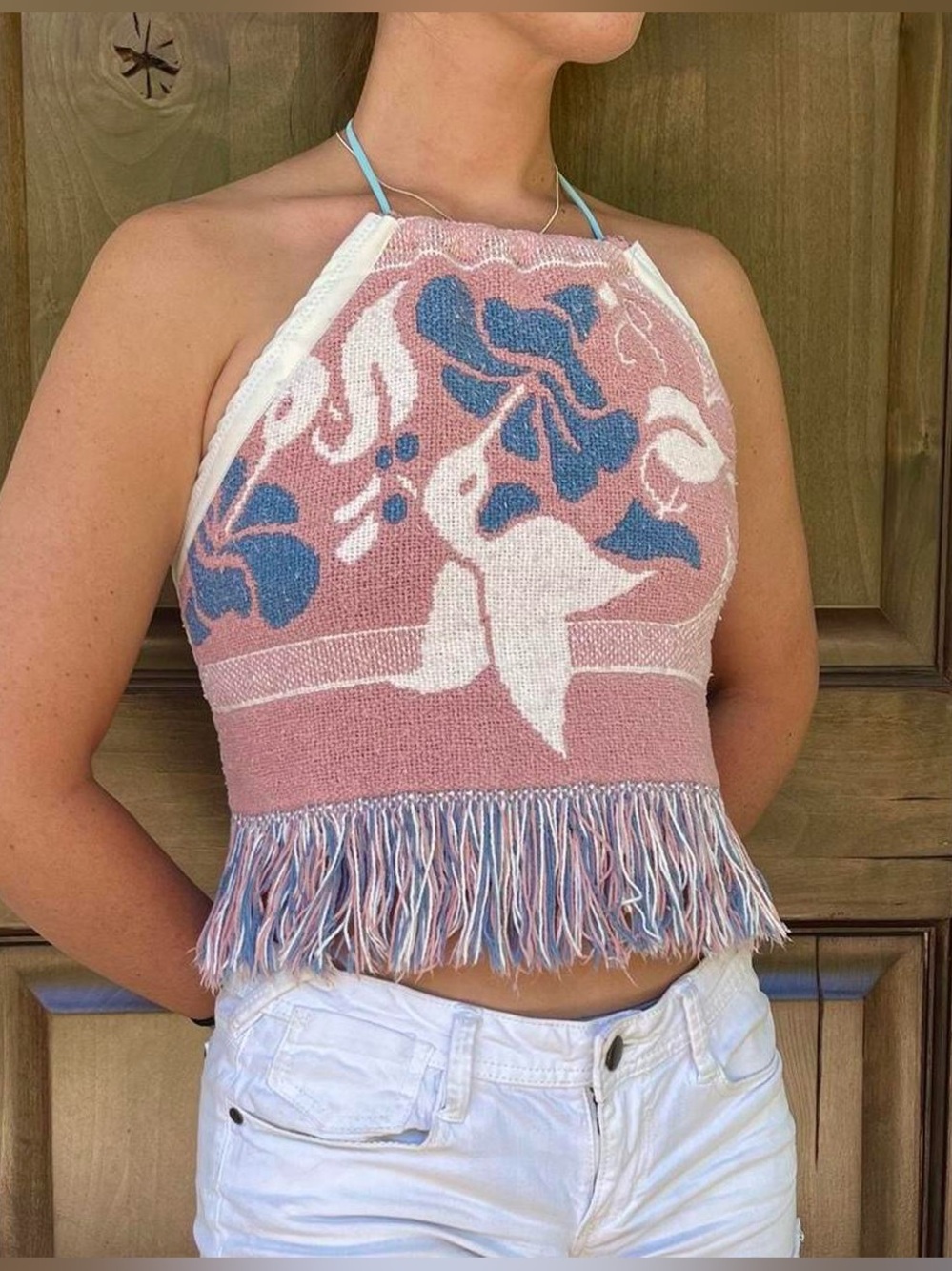 Upcycled Fringed Floral Hummingbird Halter Tank Top